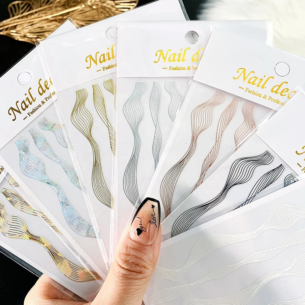 3D Nail Stickers Geometry Ribbon Design 7colorss Manicure Decals Adhesive Transfer Sliders Nail Art Decoration