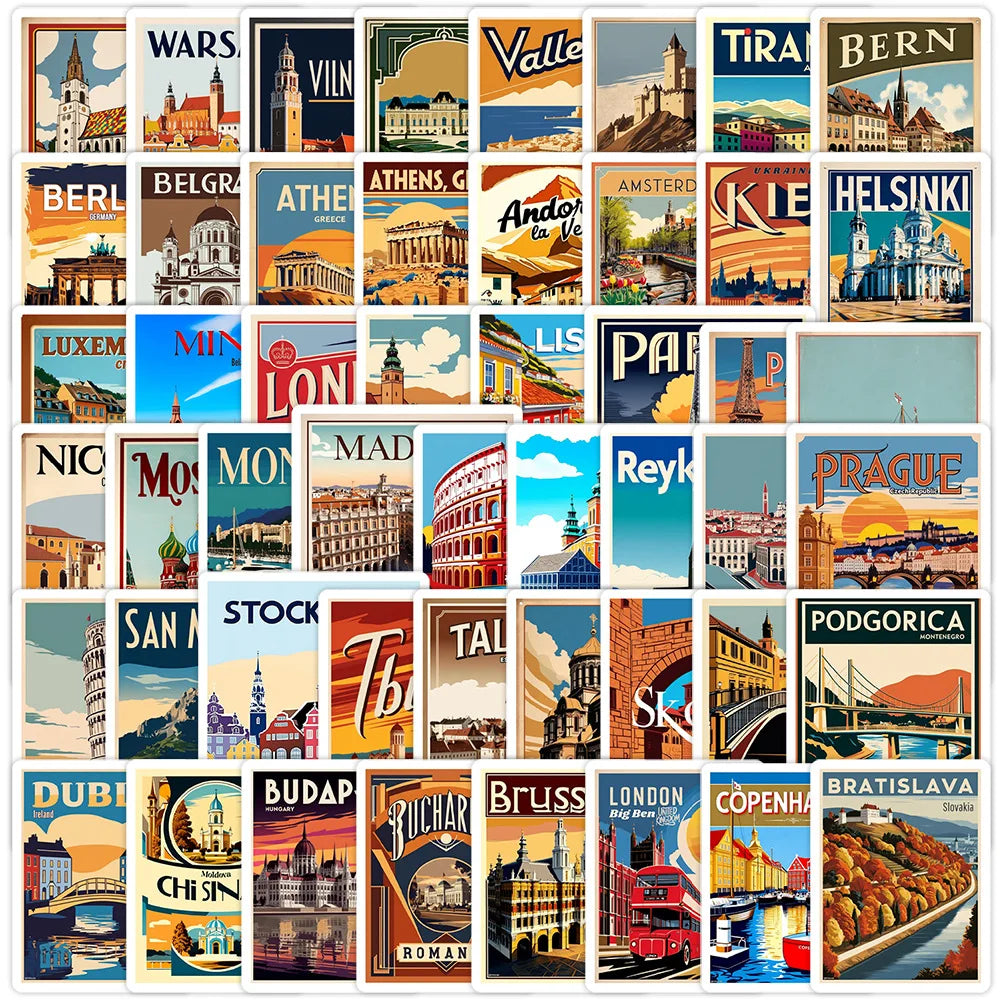 50Pcs European City Travel Graffiti Stickers for Luggage Bottle Decor London Rome Journey Sticker
