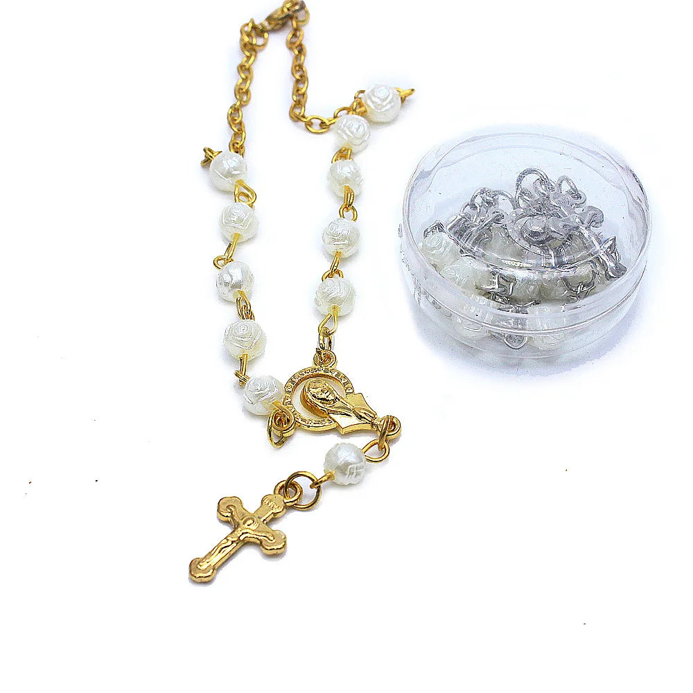 Hot Selling Religious Catholic Bracelets Jewelry Accessories for Women Rose Pearl Beads Cross Rosary Bracelet