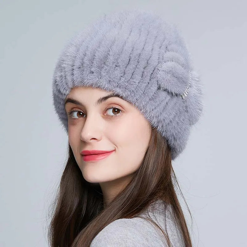 Wholesale Women's Real Mink Fur Hats for Winter Genuine Fluffy Fur Knitted Beanie Hat for Women Fashion Hats With Decoration