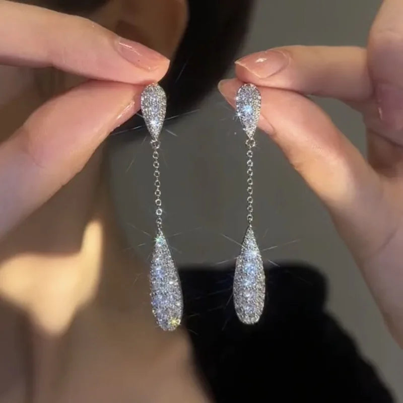 SC Hot Sale Korean Blink Zircon Earrings Trendy Long Chain Tassel Earrings Fashion Water Drop Pendant Earrings for Girls