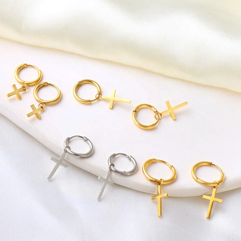 OEM Stainless Steel Small Cross Pendant 18K Gold Plated Hoop Earrings Jewelry Fashion Earrings for Women Girls