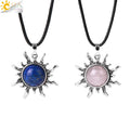 CSJA Genuine Round Stone Amethyst Tiger Eye Obsidian Vintage Sunflower Natural Crystal Pendant Necklace H120