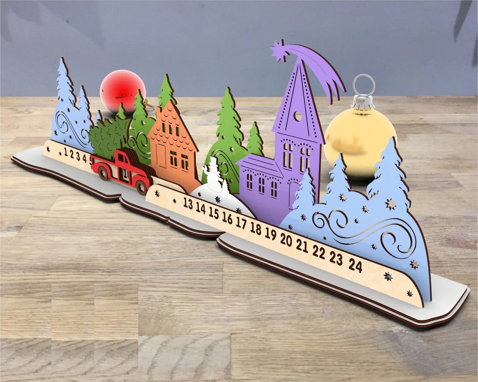Customize Advent Calendar Christmas Wood Home Calendar with Tree and Red Truck Slider Countdown Calendar for Table