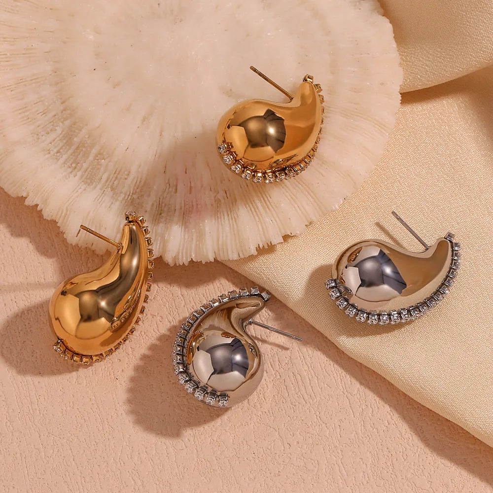 Water Drop Stud Earrings 18k Gold Plated Jewelry Enamel Zircon Stainless Steel Waterproof Tarnish Free Hypoallergenic Earring