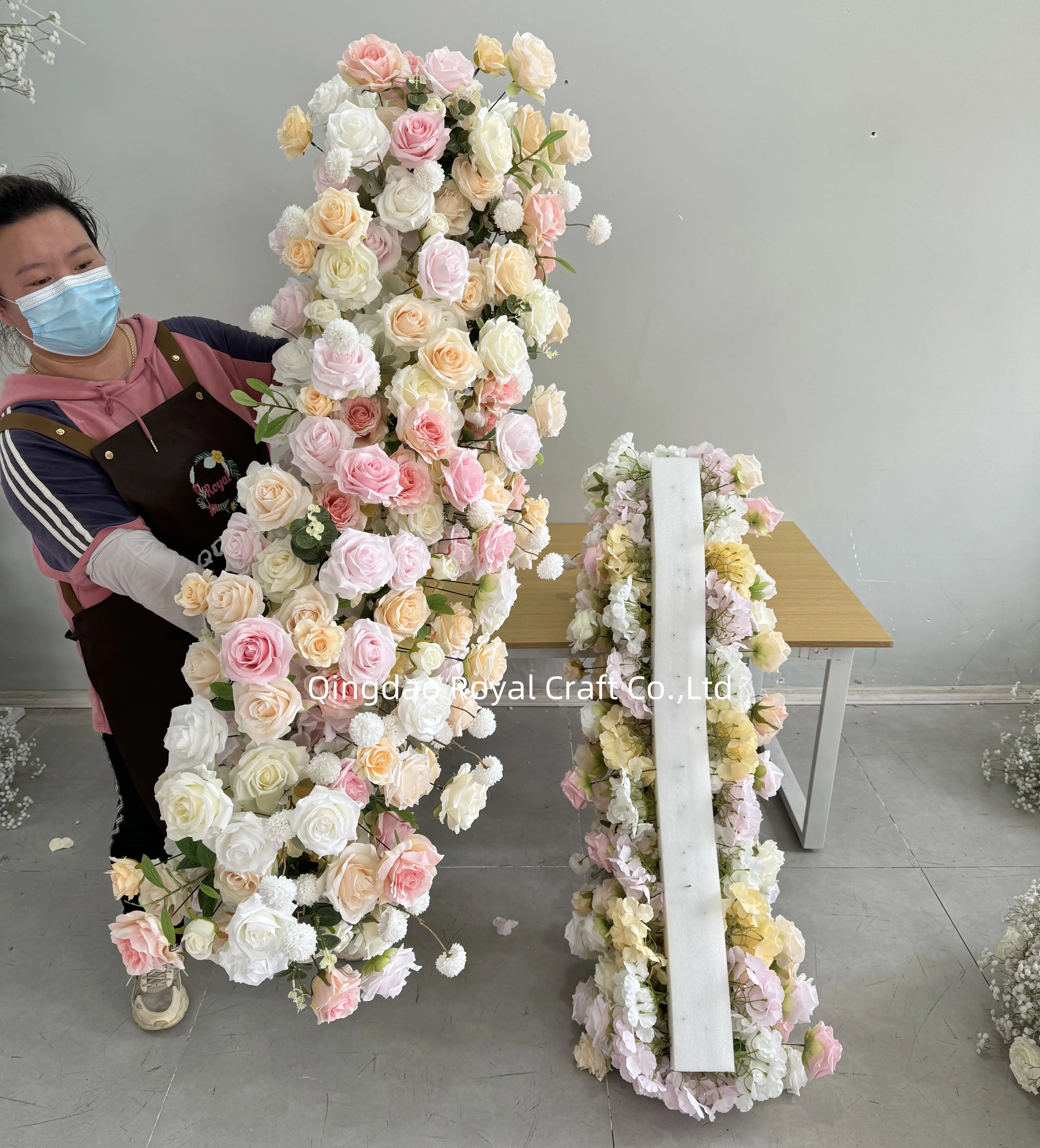 Romantic Wedding Backdrop Decor Pink and White Artificial Silk Rose Flower Strip Table Garland and Flower Runner Props