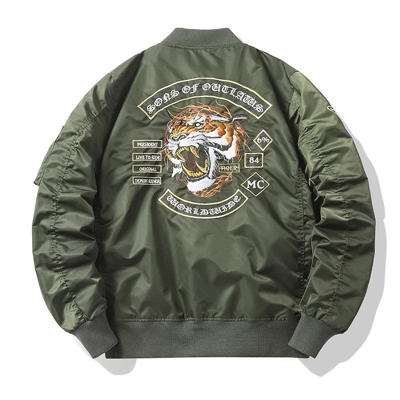Wholesale Unisex Tiger Embroidered Patches Spring Thin Patchwork Hip Hop Bomber Jacket Men Baseball Coat Zipper 100% Nylon