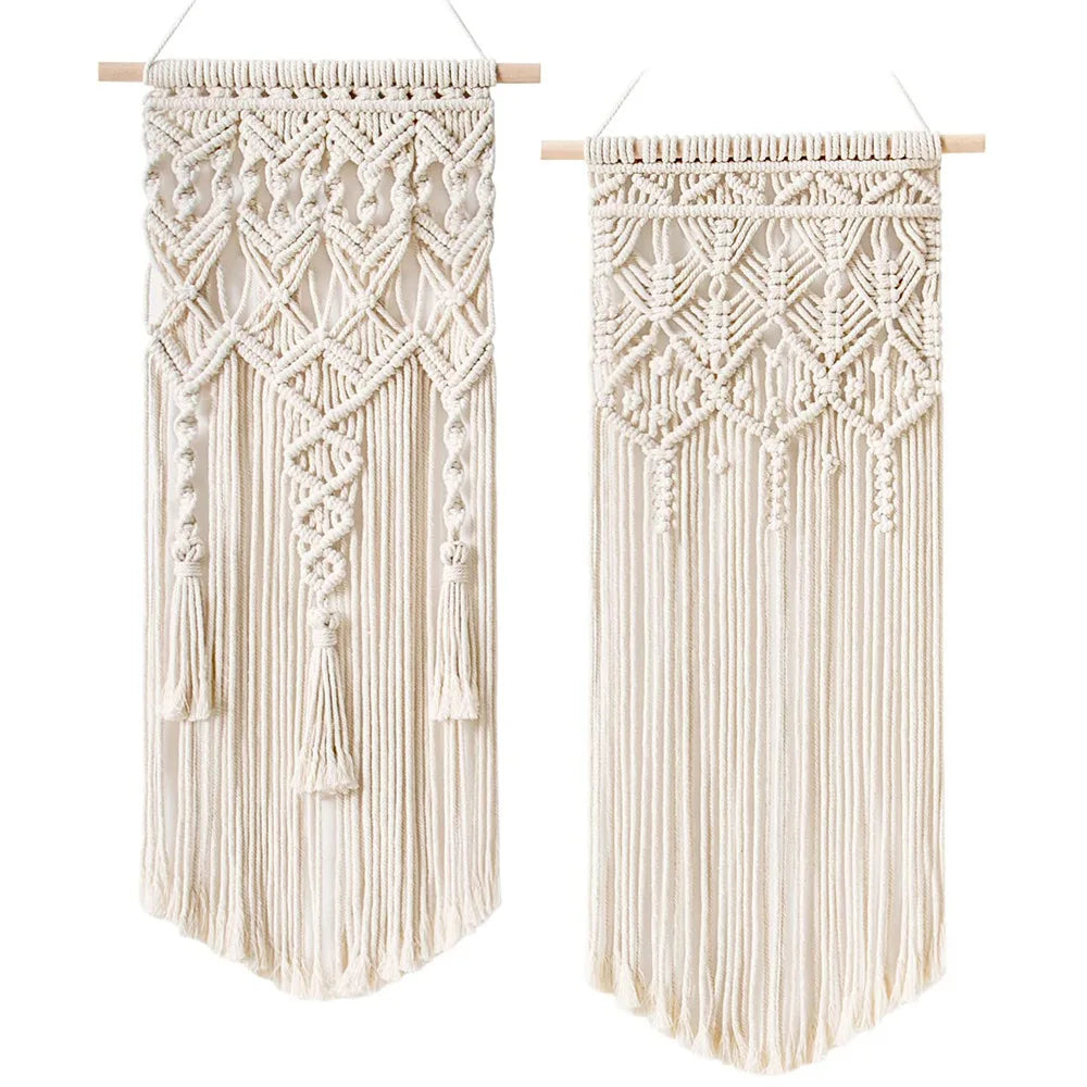 2pcs Ivory Macrame Wall Hanging Small Woven Tapestry Wall Art Decor Handmade Home Geometric Art Decoration for Apartment