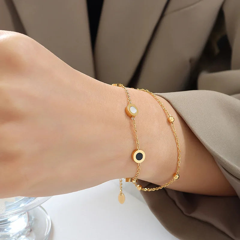Romantic French Double Layer Thin Chain Stainless Steel Colored Shell Bracelet Jewelry   Waterproof