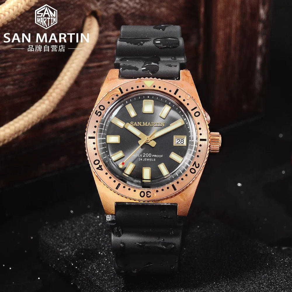 Rts Stock Free Ship San martin CUSN8 Tin Bronze Dome Cured Glass NH35 C3 Luminous Diver 20atm Mechanical Watch for Sale