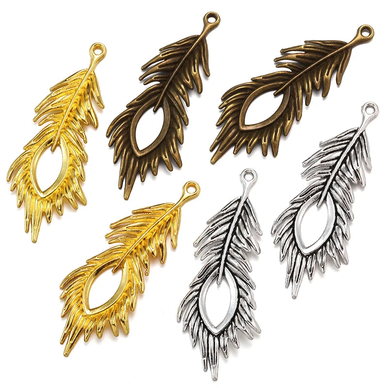 3 Color Antique Bronze Feather Charm Fit for Bracelets Necklace Pendant DIY Metal Jewelry 72*28mm D302