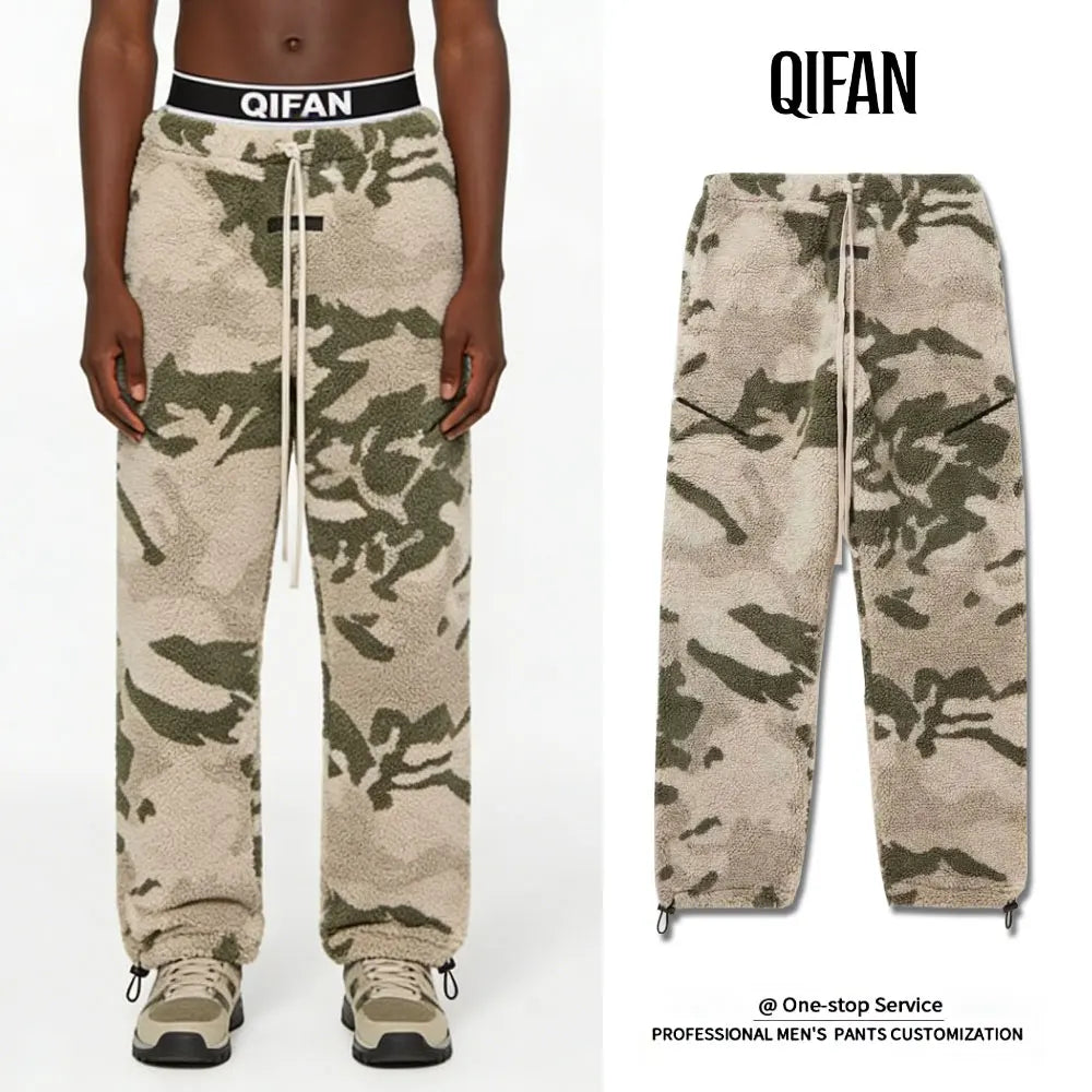 Custom Jacquard Weave Camo Sherpa Fleece Trousers Mid Waist Casual Style Bottom Shearling for Winter