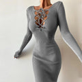 Winter V Neck Lace up Knitted Women Dress Elegant Long Sleeved Hollow Waist Party Dress Casual Pit Stripe Solid Slim Maxi Dress