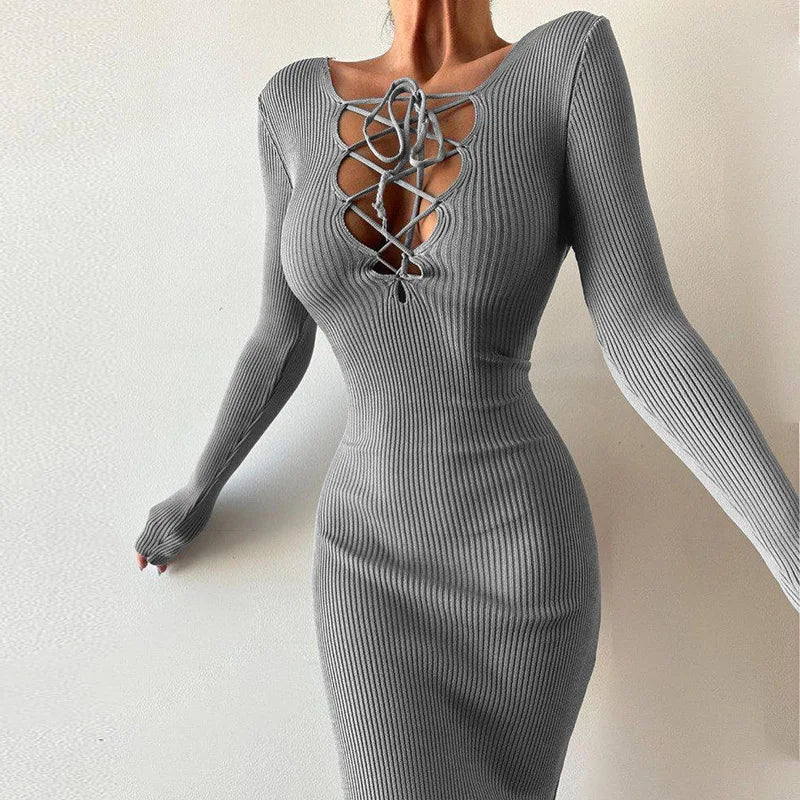 Winter V Neck Lace up Knitted Women Dress Elegant Long Sleeved Hollow Waist Party Dress Casual Pit Stripe Solid Slim Maxi Dress