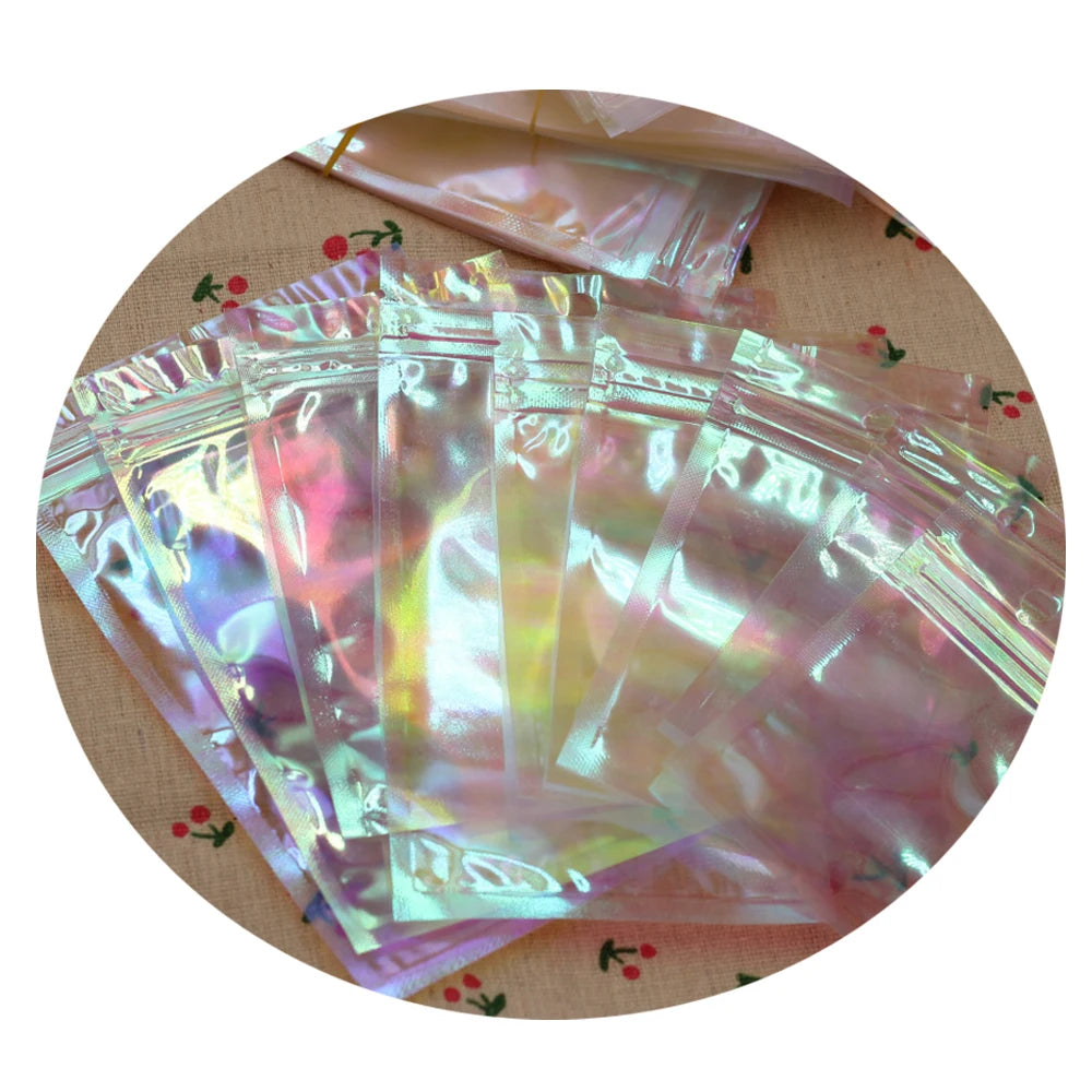 100pcs Iridescent Zipper Packaging Bags Self Adhesive Sealing Small Plastic OPP Bags Candy Cookie Clay Resin Package Storage Bag