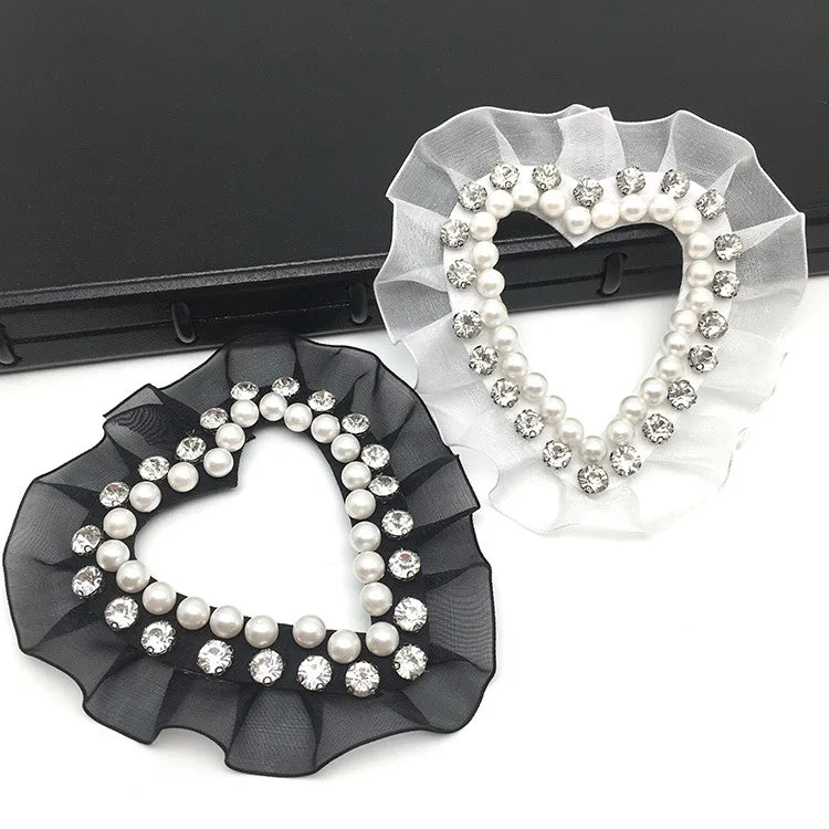 Custom Brand logo Design White Black Heart Lace Crystal Pearl Rhinestone Patch for Bags