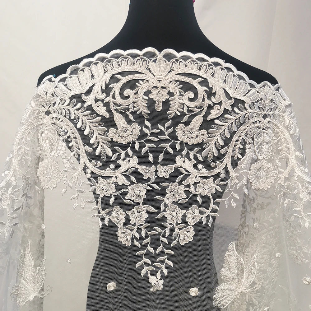 White 3D Butterfly Embroidery Lace Fabric Sequins Tulle Lace Mesh Fabric With Beaded for Bridal Dress