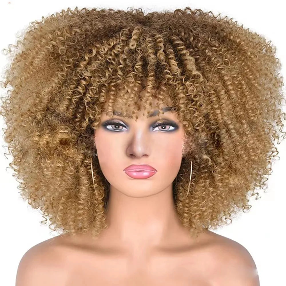 Cheap Price Afro Kinky Curly Bob Wig With Bangs Machine Made Wigs for Black Women Brazilian Curly Synthetic Hair Wigs