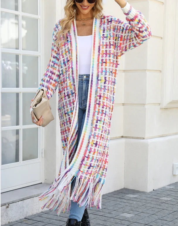 2023 Women's Fashion Hot Wholesale Winter Wear New European and American Large Size Tassel Long Cardigan Coat Sweater