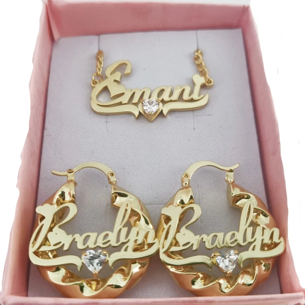 Qiuhan Stainless Steel Personalized Letter Heart Zircon Custom Name Pendant Necklace 30mm Twist Hoop Earrings Jewelry Set