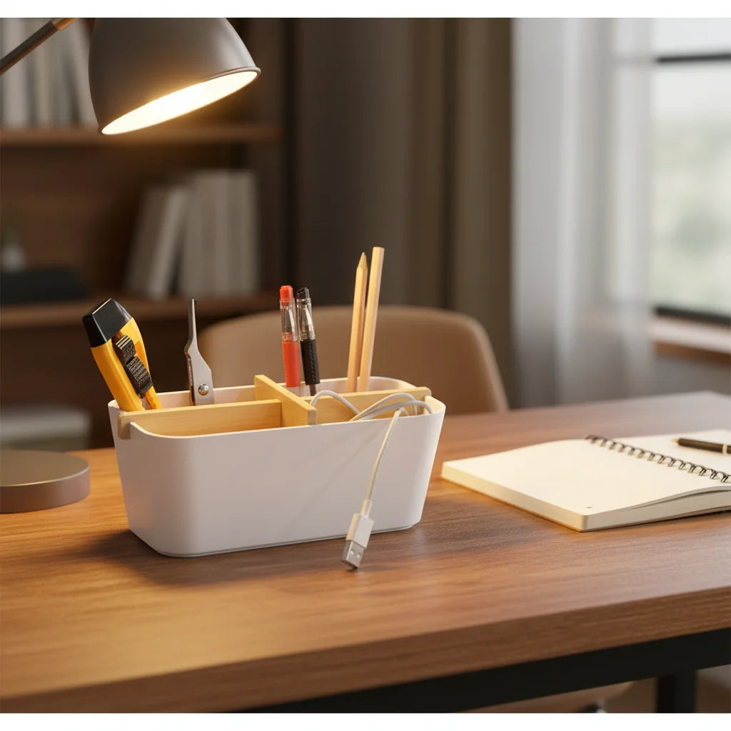 Bamboo Stationery Organizer Square Desk Pen Pencil Holder Stand Remote Control Holder with Bamboo Divider for Home Office