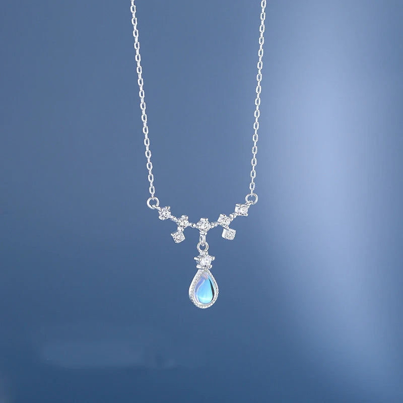 Fine Jewelry 925 Sterling Silver Fashion Water Drop Shape Moonstone Pendant CZ Diamond Necklace for Women
