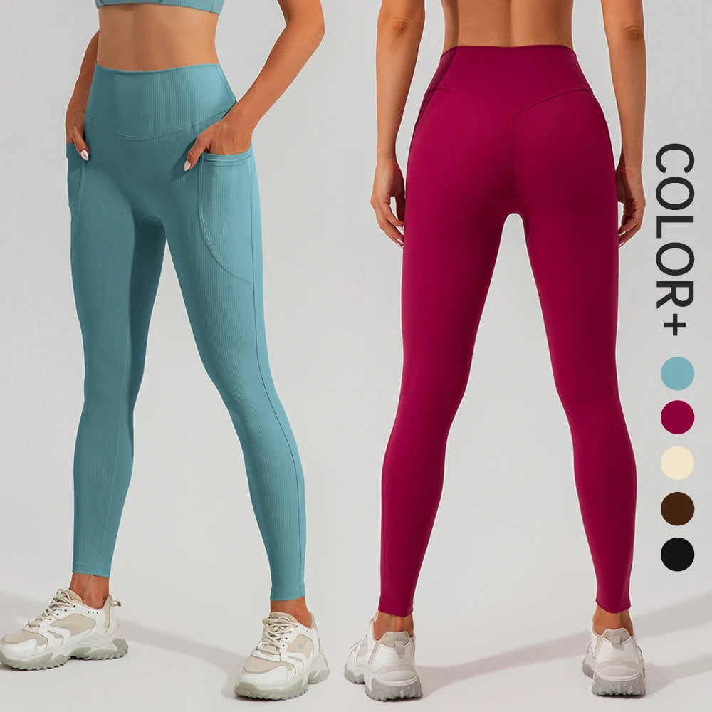 SHINBENE Side With Pocket Custom Gym Peach Hip Lifting Sport Leggings Ribbed Booty High Waist Workout Women Leggings