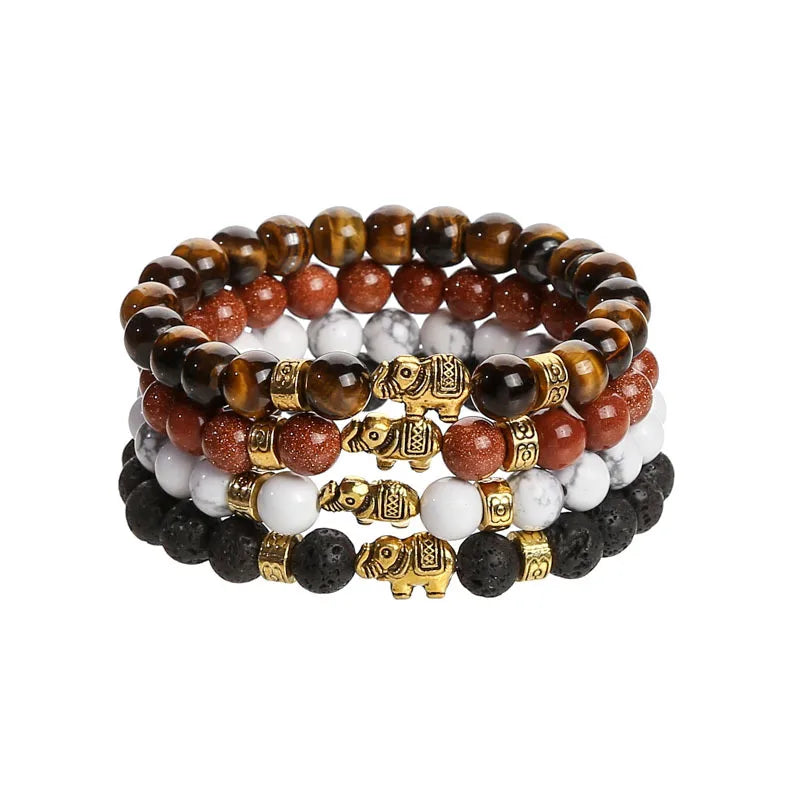 New Arrival Fashion Elephant Volcanic Stone Tiger Eye Stone Bracelet Men Women Gold Plated Couple Gift Bracelet Daily Jewelry