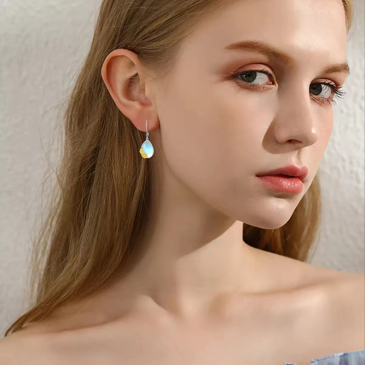 Women Jewelry 925 Sterling Silver Two Tone Daisy Moonstone Drop Earrings