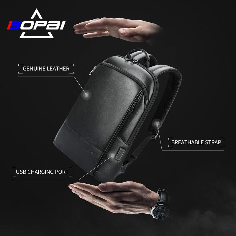 Bopai Premium Slim Light Business Commute USB Port Smart Cowhide Anti Theft 15 Inch Men Real Genuine Leather Laptop Backpack