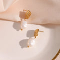 Dreamshow Vintage Hammered Texture Stud Fresh Water Pearl Stud Earrings 18k Gold Plated Stainless Steel Earring