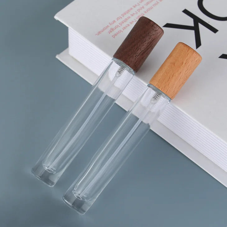 Free Sample Dark Wood Cap Fine Mist Cosmetic Packaging 10ml square Round Thick Glass Spray Perfume Bottle