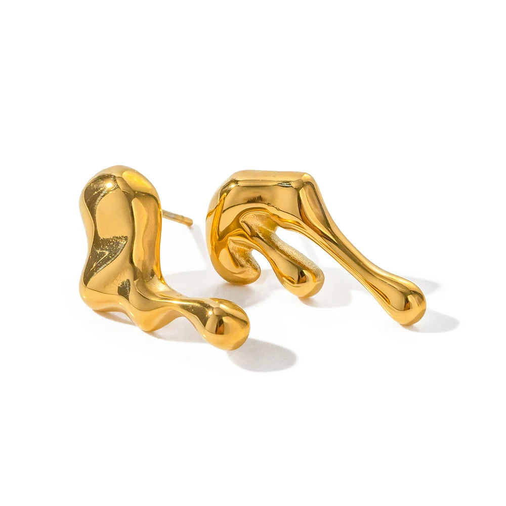 18k Gold Plated Stainless Steel Irregular WaterDrop Asymmetric Melting Ice Design Stud Earring