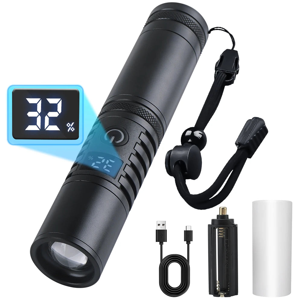 Boruit S2304 Zoomable Tactical Flashlight 590LM White Laser USB-C Power Bank Digital Display IPX4 Waterproof (26650/18650/AAA)