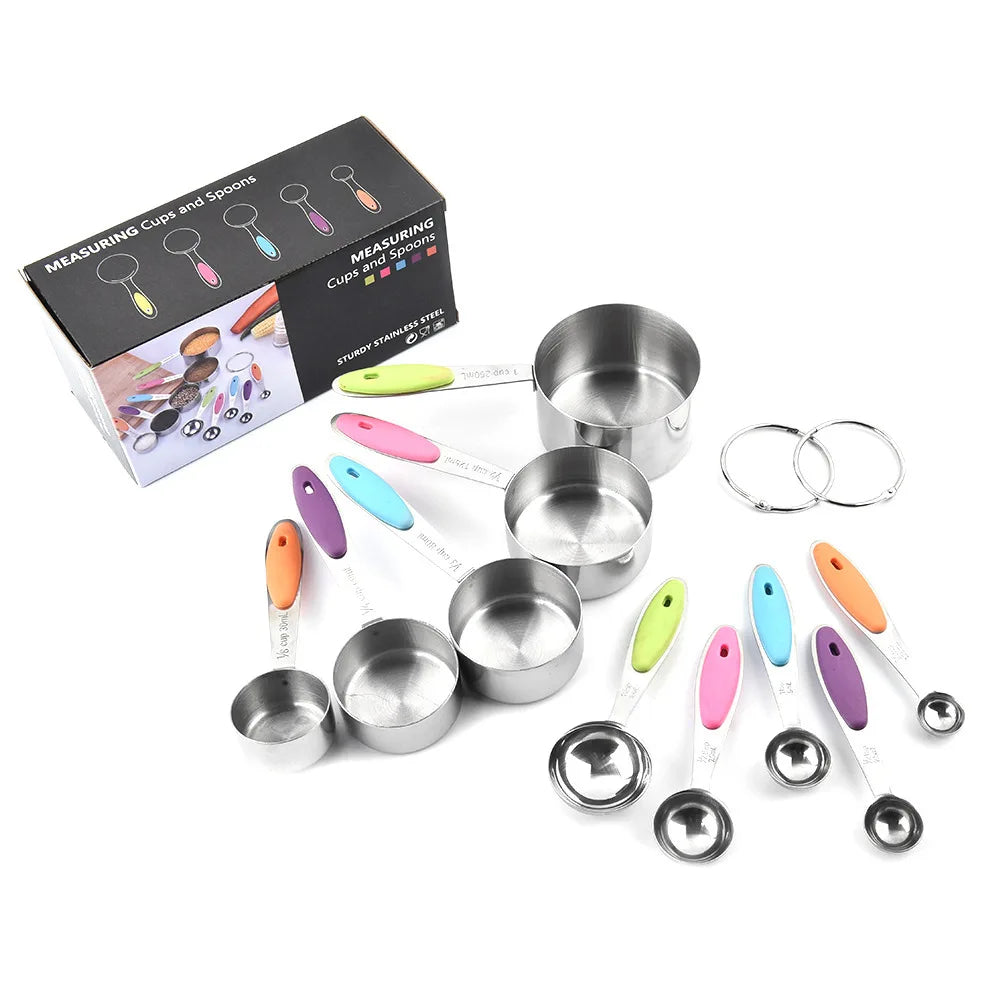 Stainless Steel and Silicone Handle Measuring Cup Spoon Set of Ten Cross-Border Baking Tools for Kitchen Food for Liquid Usage