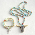 2025 Spring Fashion Bohemian Tribal Style 8mm Emperor Natural Stone Knotted Bull Head Pendant Necklace 2pcs Stack Bracelet Set