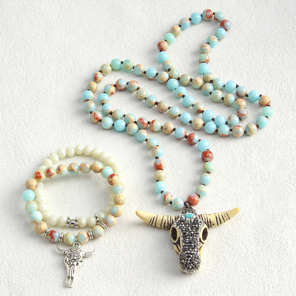 2025 Spring Fashion Bohemian Tribal Style 8mm Emperor Natural Stone Knotted Bull Head Pendant Necklace 2pcs Stack Bracelet Set