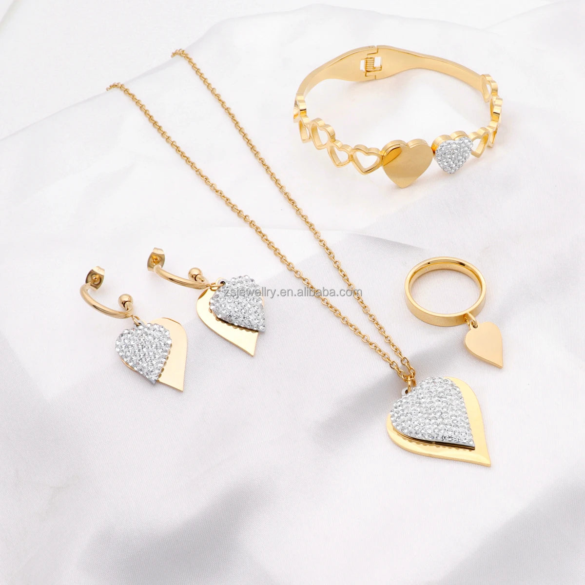 Indian Geometric Stone Design Stainless Steel Jewelry Set for Girls Gold Plated Heart Zircon Ring & Bracelet for Weddings