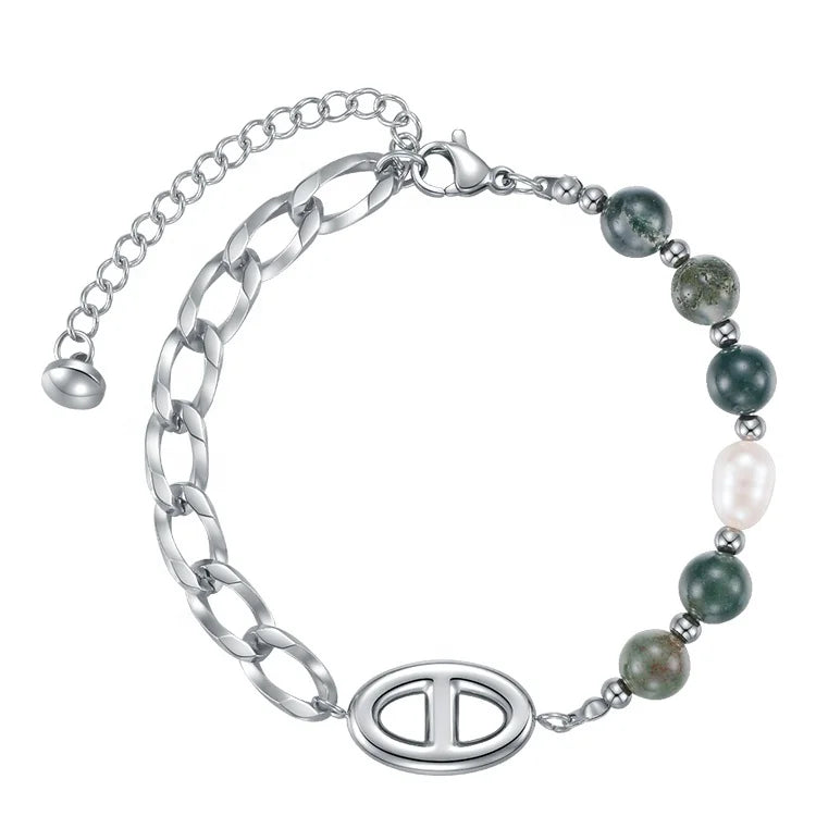 Fashion High Polished Stainless Steel Jewelry Natural Stone Pearl Metal Chain Accessories Bracelet B212258