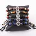 New Fashion Handmade CZ Cross Charm Natural Stone Beads Adjustable Macrame Bracelet JBS12296