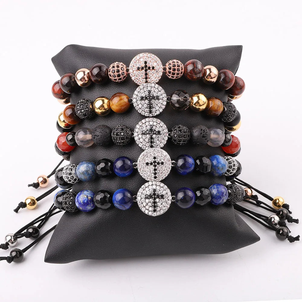 New Fashion Handmade CZ Cross Charm Natural Stone Beads Adjustable Macrame Bracelet JBS12296