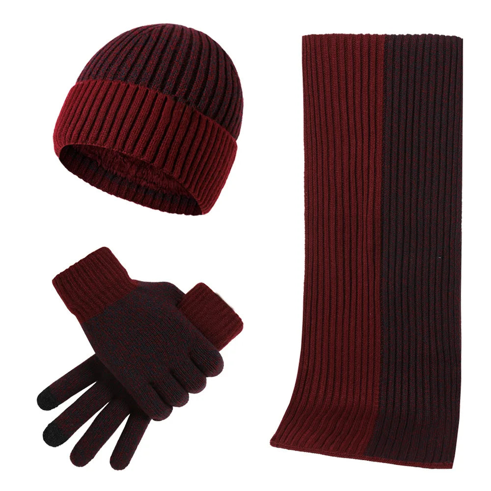 Womens Men Winter Warm Knit Beanie Hats and Touchscreen Gloves Long Scarf Sets With Thick Fleece Lined