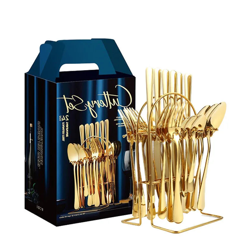 Flatware Set 24-piece Silverware Set Gold Spoon Stainless Steel Silverware with Holder and Color Box