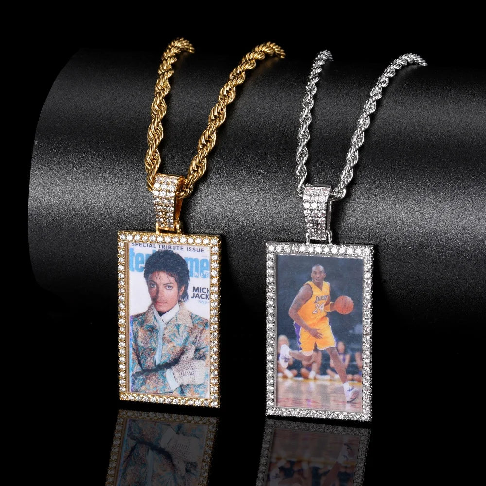 Custom Photo Picture Pendant Rectangle Necklace Jewelry Micro Paved Zircon Street Style FBKX014 Necklace for Men