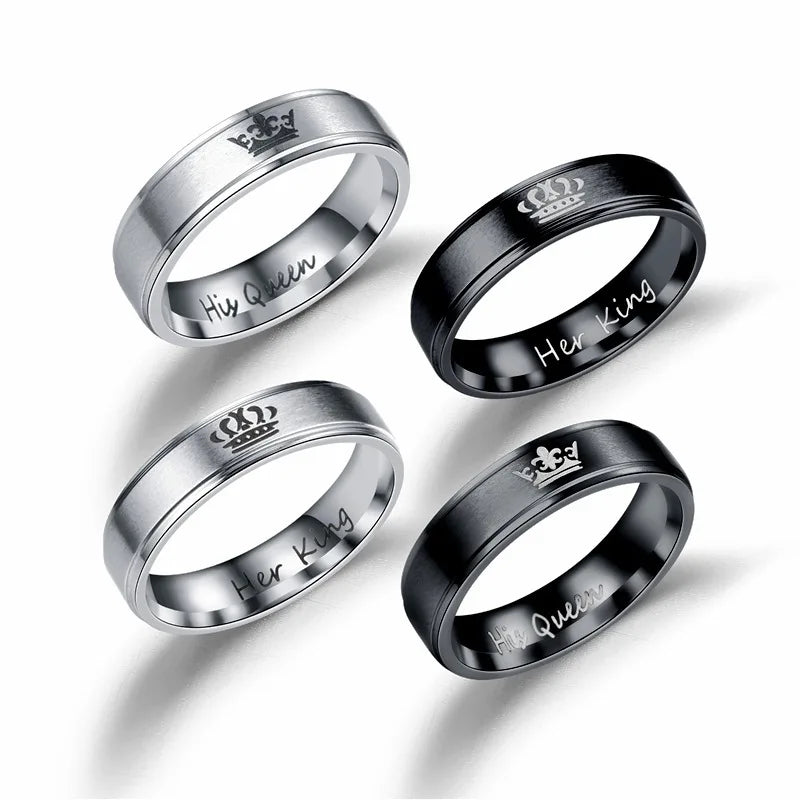 Hot Sale Letter Her King and His Queen Stainless Steel Couple Rings Black and Silver for Men and Women