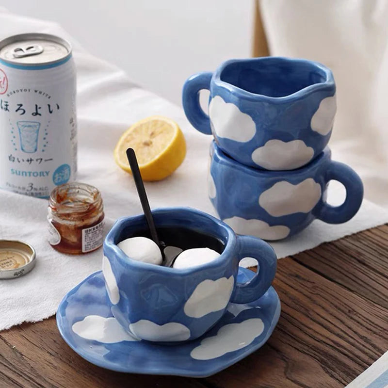 Girly Love Retro Hand Pinch Cloud Ceramic Coffee Cup and Saucer Afternoon Tea Cup and Saucer Set