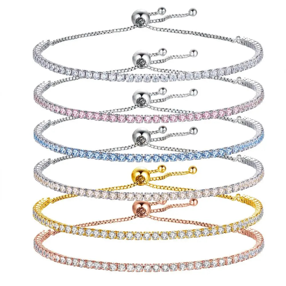 GB03 S925 Sterling Silver 3MM Width Cubic Zirconia CZ Stone Iced Out Diamond Adjustable Tennis Bracelet for Women Fine Jewelry