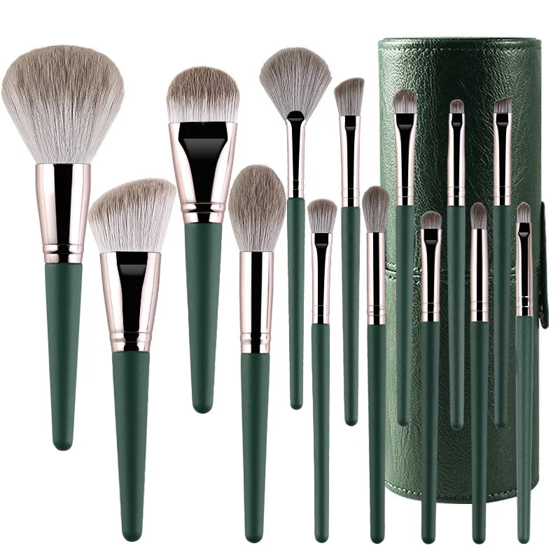 New Arrival 14pcs Brush Makeup Wood Handle Cosmetic Brush Set Green Color Makeup Brushes with Tube