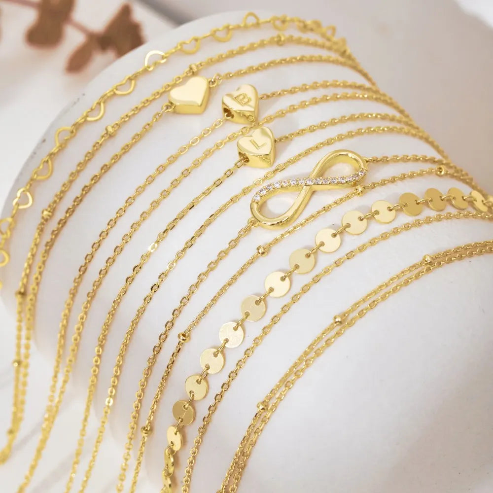 Dylam Women 14k Gold Plated Silver Tennis Bead Herringbone Snake Paperclip Chain Dainty Layered Link Chain Infinity Anklet