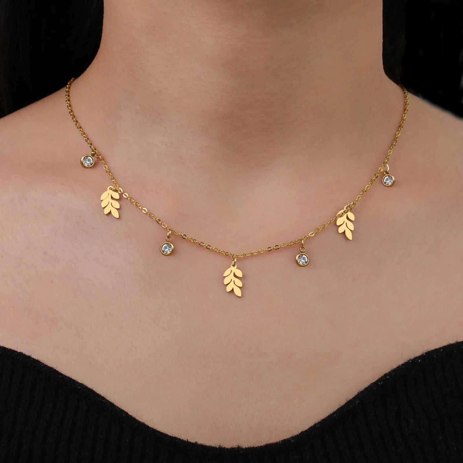 Leaves Clear Zircon Pendant Tassel Necklace Women Girls Stainless Steel Gold Color Chain Choker Fashion Jewelry Birthday Gift